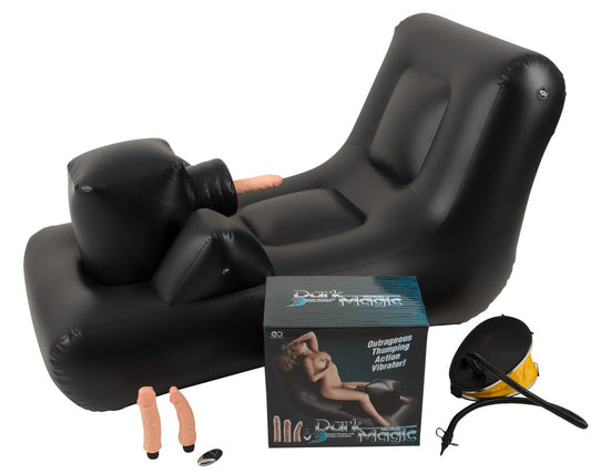 All components included: inflatable thrusting bed, remote, attachments, foot pump, and branded box packaging.