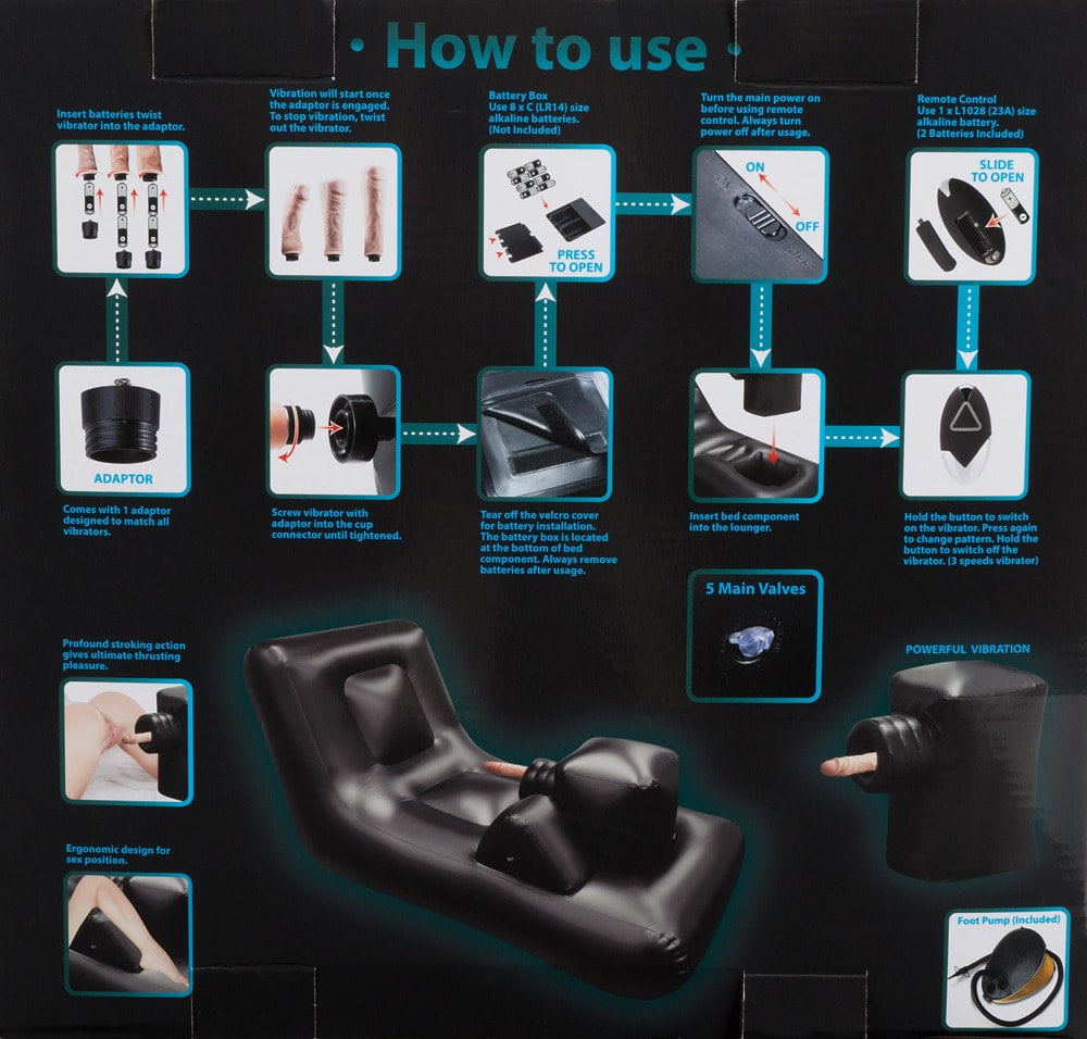 Instructional visual showing step-by-step setup of the Dark Magic Thrusting Bed sex machine, including adapter, battery, and control layout.