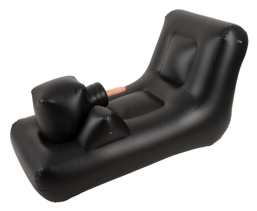Fully inflated Dark Magic Thrusting Bed in use-ready position, showcasing ergonomic contours and mounted shaft attachment.