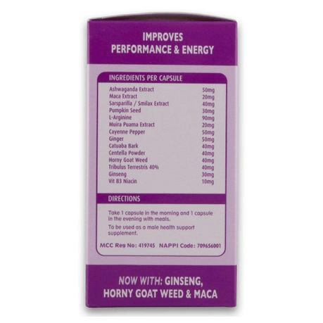 Back of Med-E-Enlarge Male Enlargement Capsules box showing ingredients list, dosage directions, and benefits. Contains natural extracts like Ginseng, Maca, Horny Goat Weed, and Ashwagandha. Labeled “Improves Performance & Energy