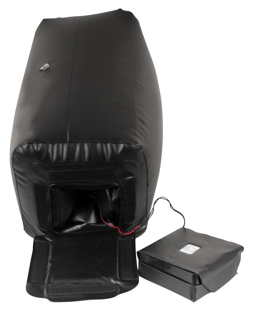 View of the rear component with wiring and battery pack, showing where the motorized thrusting unit connects.