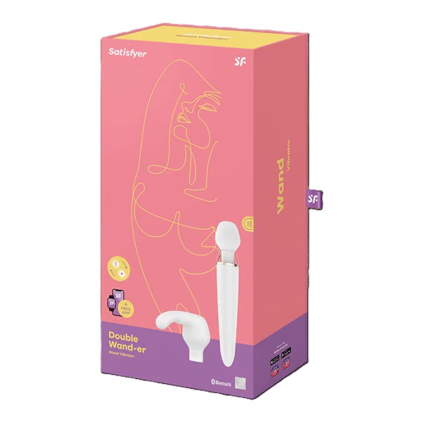 Retail packaging of the Satisfyer Double Wand-er showing the product and included attachments.