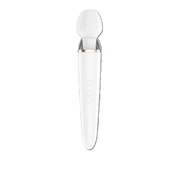 Front-facing image of the Satisfyer Double Wand-er showing button placement and gold accent design.