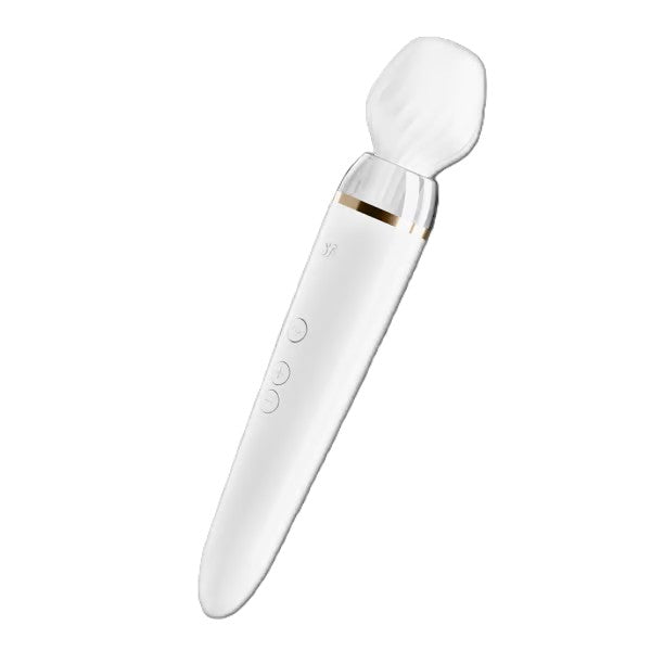 White Satisfyer Double Wand-er shown from an angle, highlighting buttons and rounded massage head.