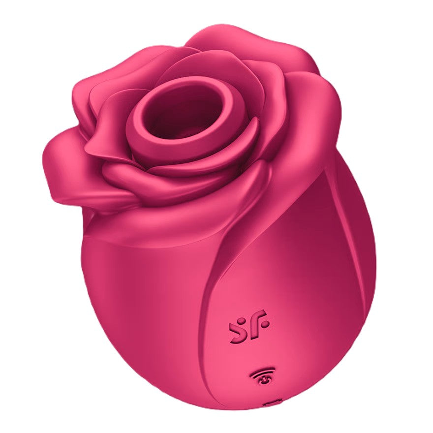 Angled view of the Satisfyer Pro 2 Classic Blossom stimulator with rose-shaped body and visible control icons.