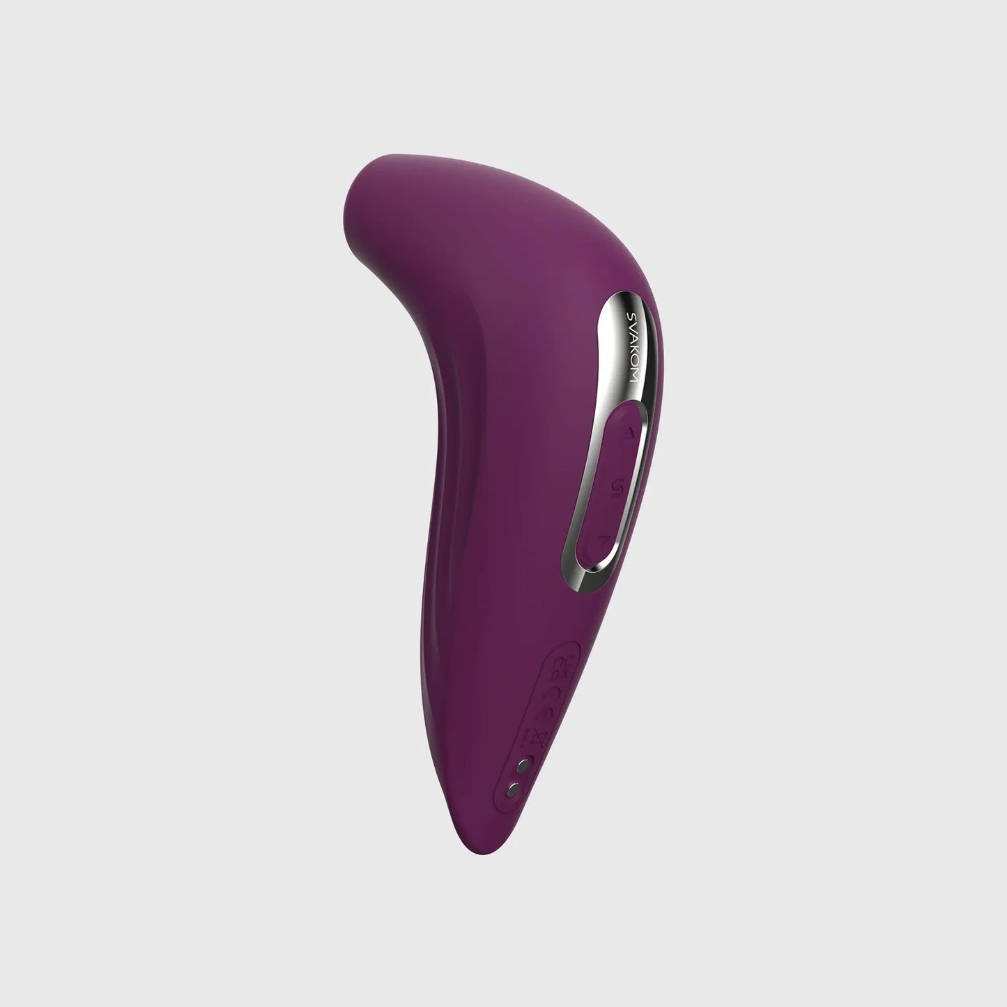 Angled view of the Svakom Pulse Union stimulator highlighting the sleek control panel and charging contacts, set against a neutral grey background.