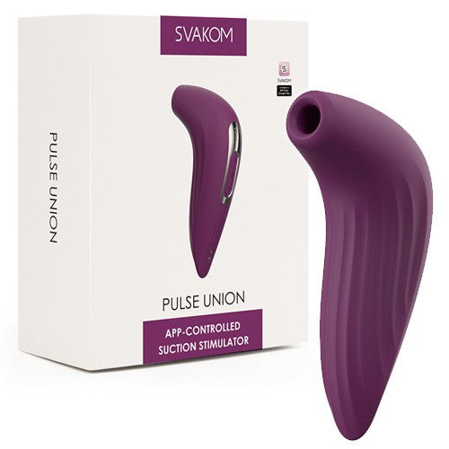 Front view of the Svakom Pulse Union air-pulse stimulator placed alongside its branded retail box, highlighting both the product and packaging design.