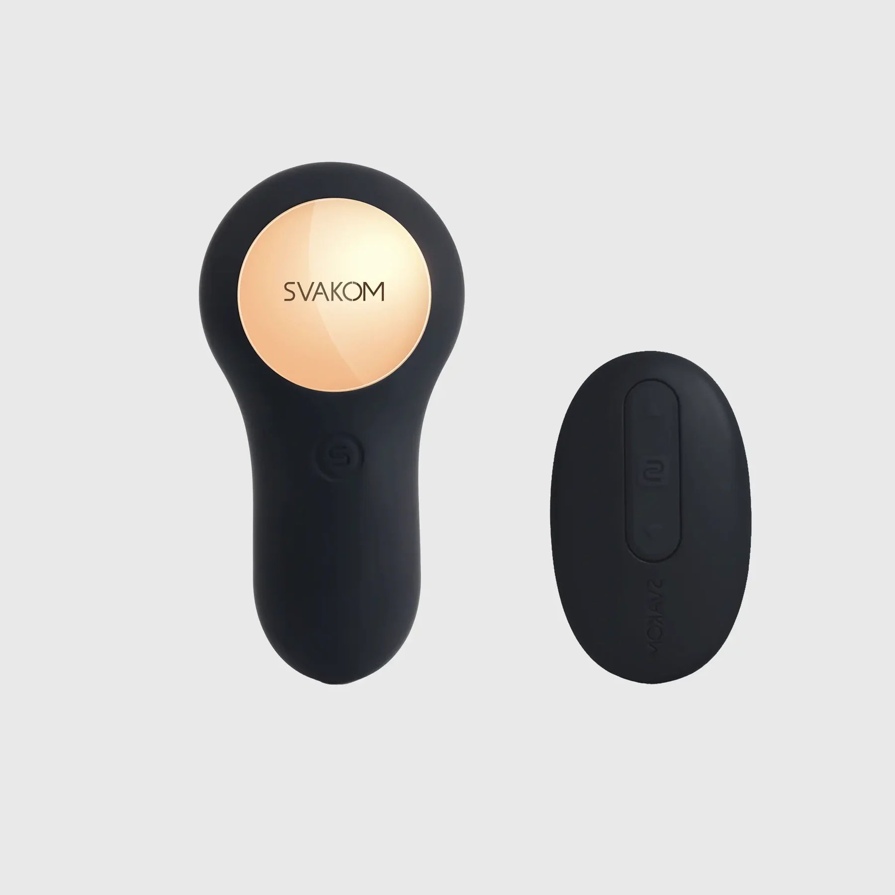 Close-up of the Svakom Vick showing gold accent logo and remote control front design