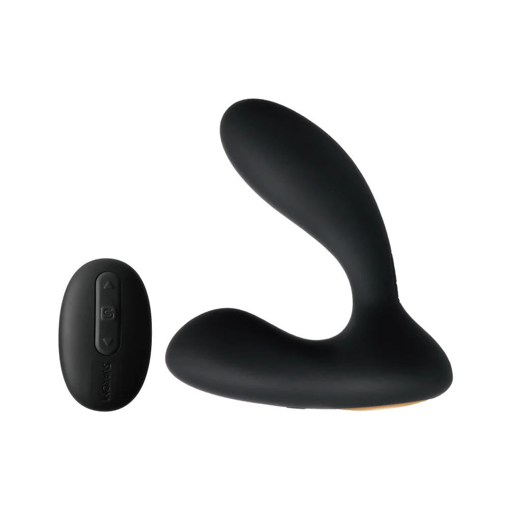 Svakom Vick prostate massager and matching wireless remote shown side-by-side