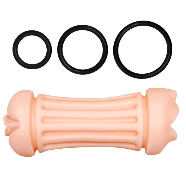 Bull Pocket Pussy and included rubber grip rings laid out together