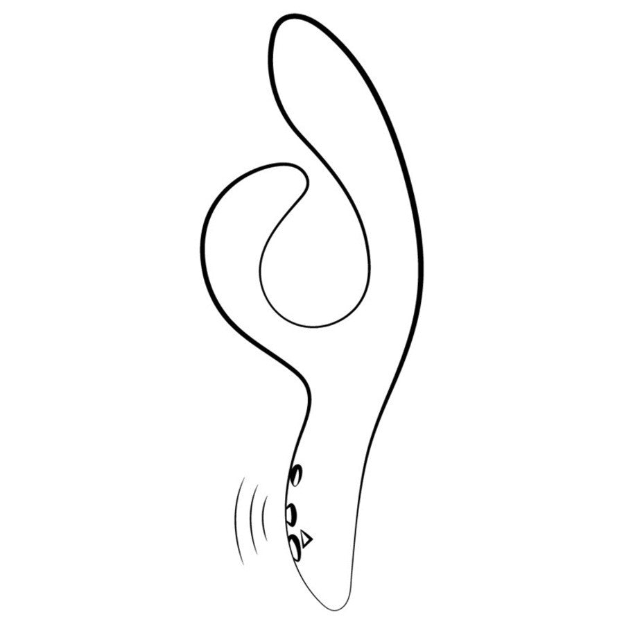 Black and white line drawing of Nova Rabbit Vibrator with motion lines, illustrating vibration function and button controls