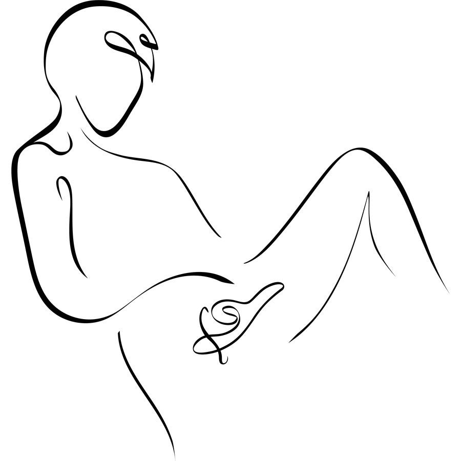 Minimalist line art of a person using the Nova Rabbit Vibrator in a reclined solo position