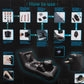 Instructional visual showing step-by-step setup of the Dark Magic Thrusting Bed sex machine, including adapter, battery, and control layout.