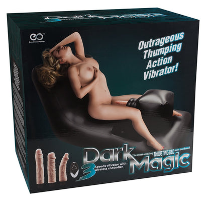 Branded product box for the Dark Magic Thrusting Bed, showing included attachments and action description.