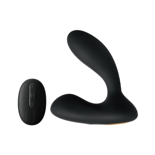 Svakom Vick prostate massager and matching wireless remote shown side-by-side
