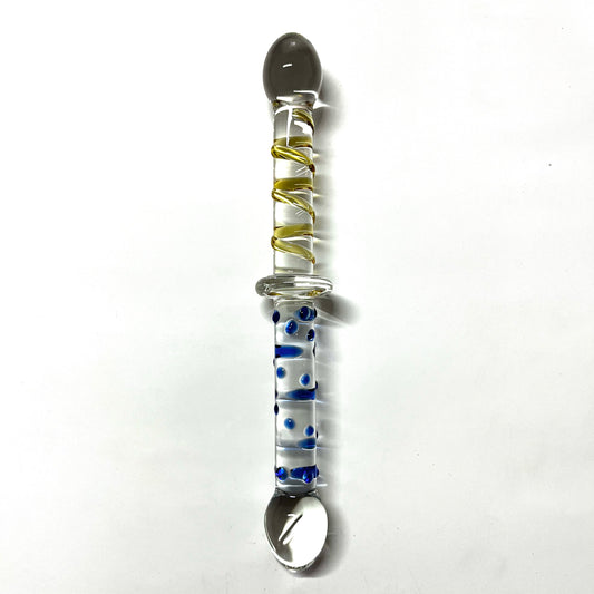 GLASS DILDO BLUE & YELLOW DOUBLE SIDED