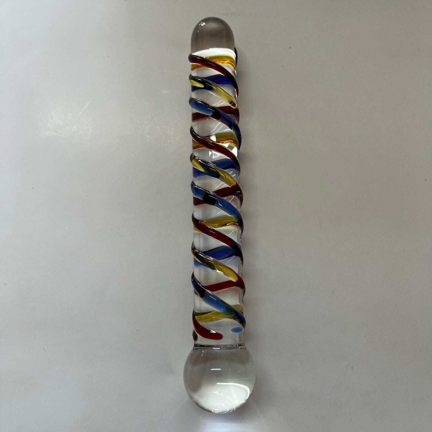 GLASS DILDO YELLOW, RED AND BLUE SPIRAL